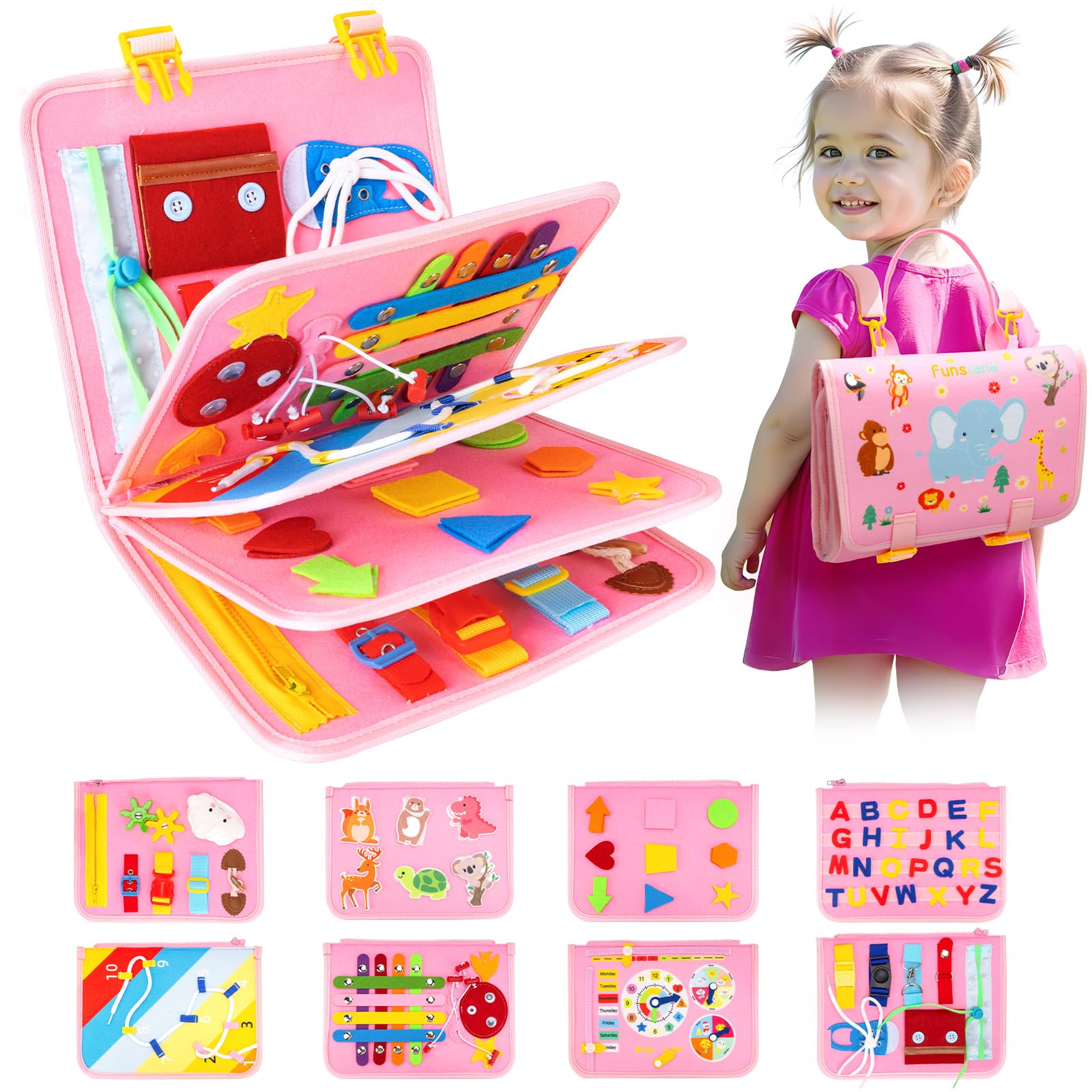 Busy Board Montessori Spielzeug, Kleinkind Quiet Book Activity Board Auto Flugzeug Reisespielzeug, Baby Motorikspielzeug, Sensorik Lernspielzeug Geschenk Mädchen ab 2+ Jahre, Rosa