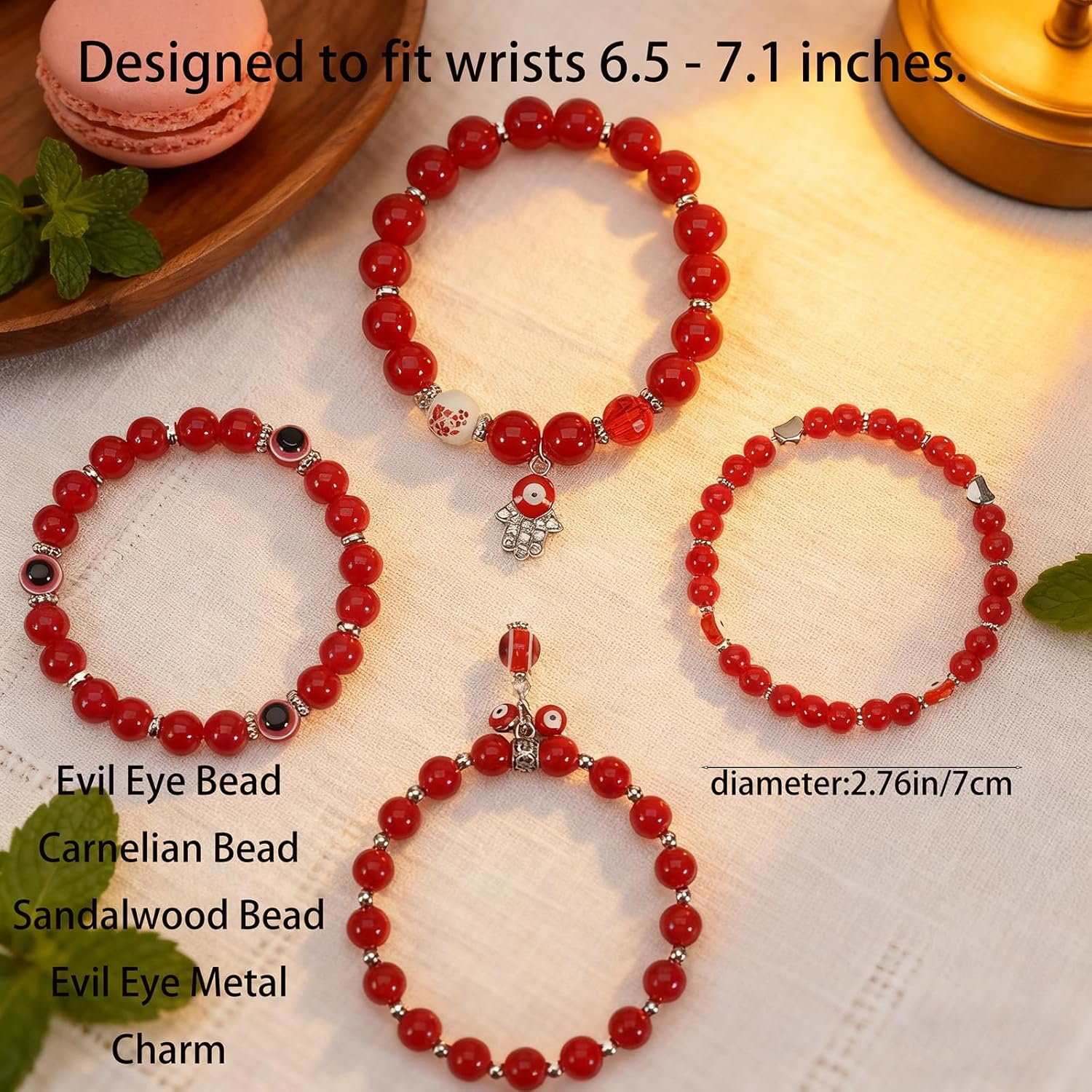 4-Pack Evil Eye Bracelets for Women & Men, Black Obsidian & Sandalwood Bead Stretch Bracelets for Protection & Healing Crystal Gift Jewelry - Image 3