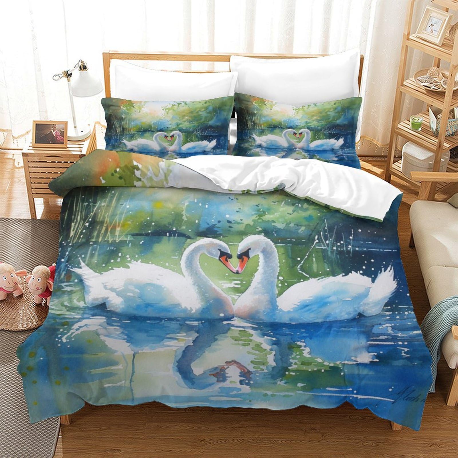 Housse de couette motif cygne pour chambre d'enfant ou d'invité en parure de lit 140x200 cm