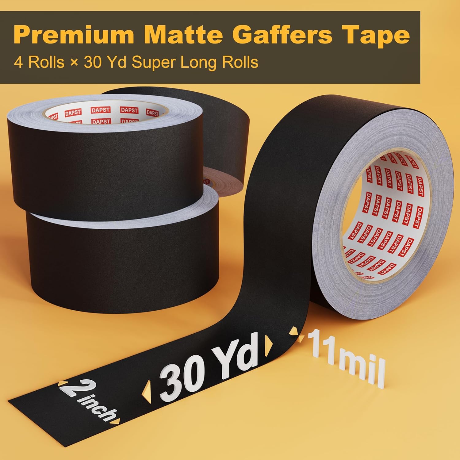 4 Pack Black Gaffers Tapes 2 Inch x 30 Yards x 11 Mil - Pro Black Gaff Tape - Waterproof, No Residue, Non-Reflective, Easy Tear - Photography, Filming Backdrop, Stage, Production (120 Yards in Tatal)