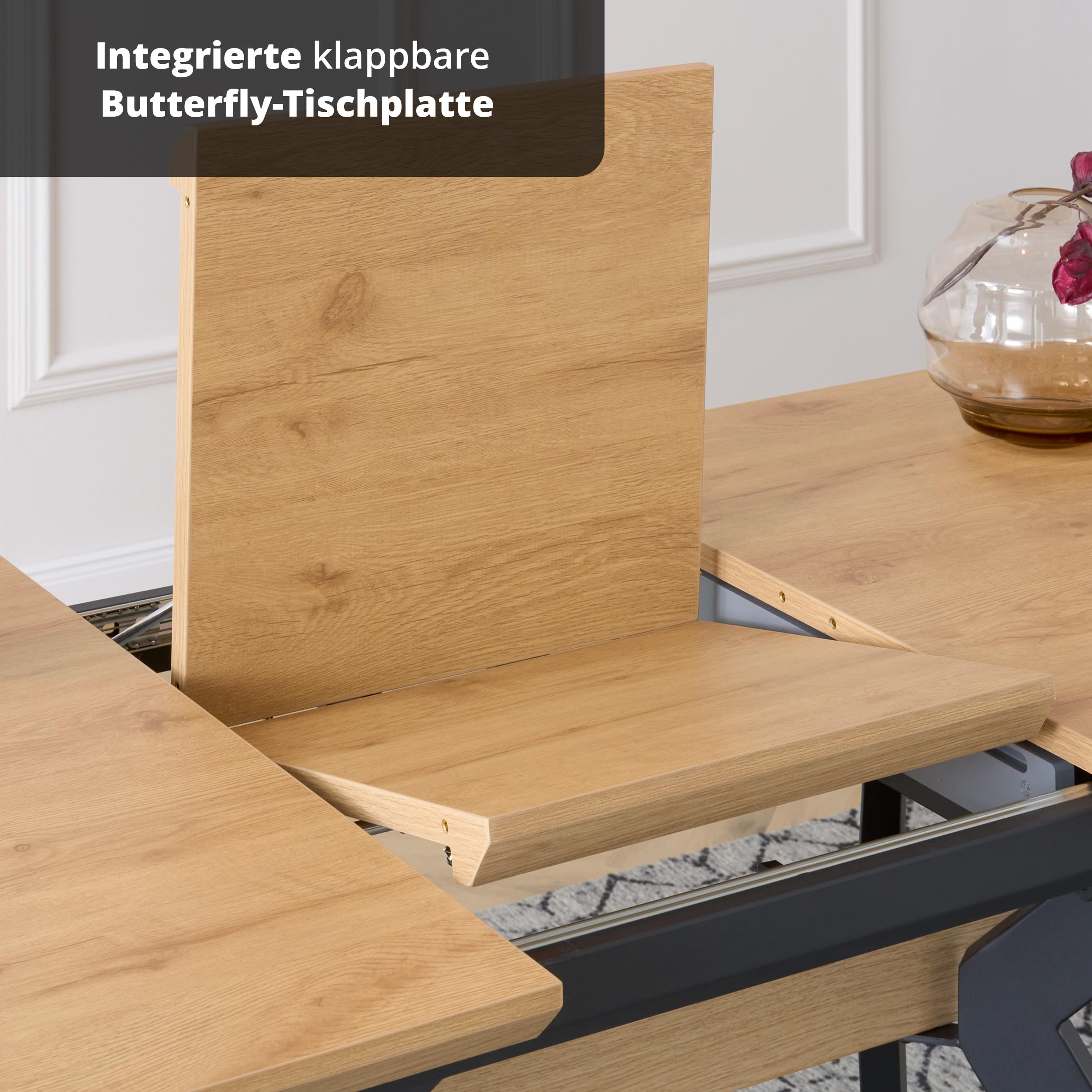 KHG Esstisch ausziehbar 140-180 cm - Küchentisch für 8 Personen mit Butterfly-Auszug, Eiche Optik, Schweizer Kante, Metallbeine beschichtet, Industrial Design, stabil & pflegeleicht