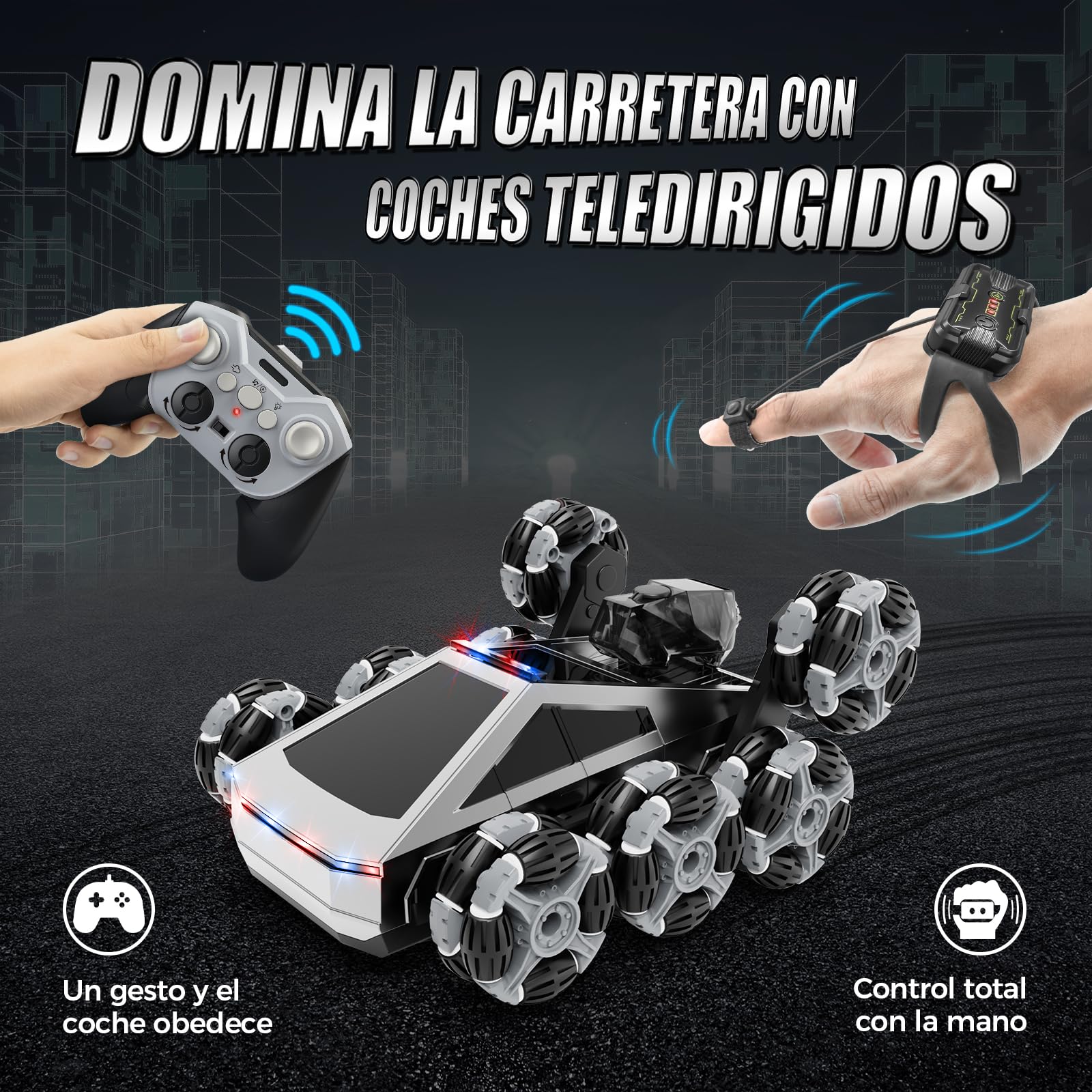 Coche Teledirigido RC Acrobático 8 Ruedas, Vehículo Todoterreno con Mando a Distancia & Control Manual, Luces LED, Música, Spray, Juguete para Niños 5-11 Años, Regalo Cumpleaños, Navidad y Reyes Magos