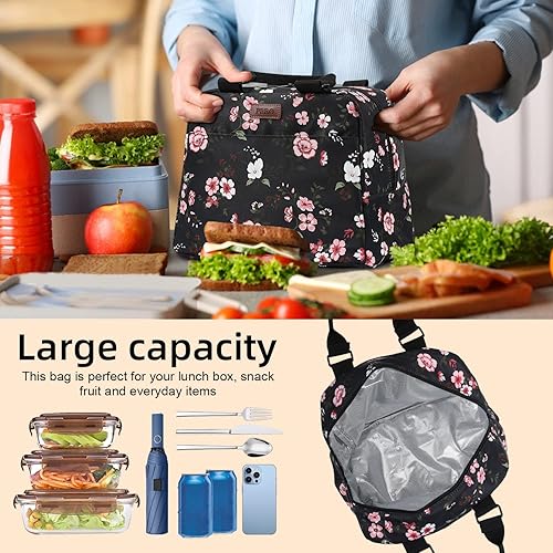 Miniatura 6 de PBRO Lonchera térmica para mujer, bolsa de almuerzo reutilizable de apertura amplia con cinturón de hombro ajustable, bonita lonchera portátil con