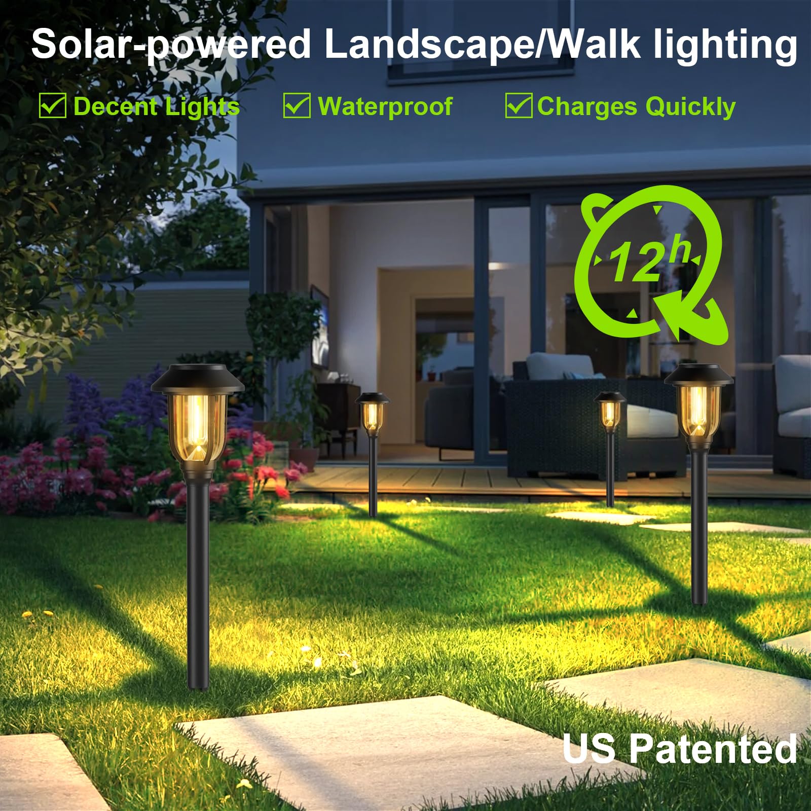 ILANCK Solar-Wegleuchten für den Außenbereich, wasserdicht, automatisches Ein-/Ausschalten, solarbetrieben, Landschaftsbeleuchtung für Hof, Gehweg, Auffahrt, Weg, Warmweiß, 12 Stück