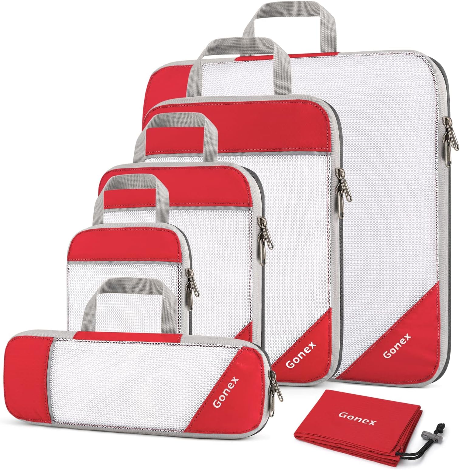 Gonex Compression Packing Cubes Mesh Organizers L+M+S+XS+Slim+Laundry Bag Red