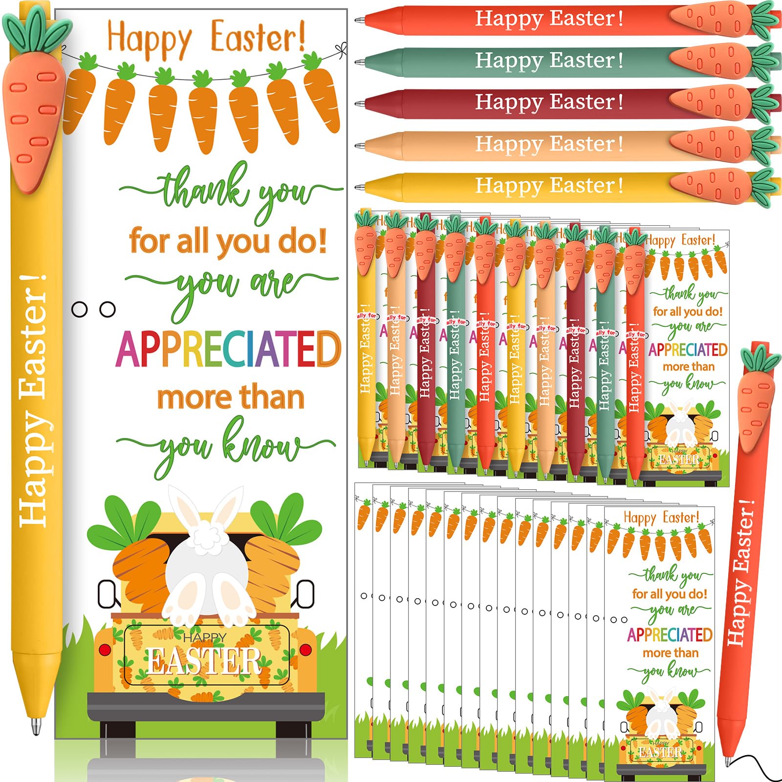 50 Sets Easter Gifts Bulk Easter Appreciation Gifts for Coworker Happy Ballpoint Pen Thank You Greeting Cards and Ties for Office(Easter Carrots)