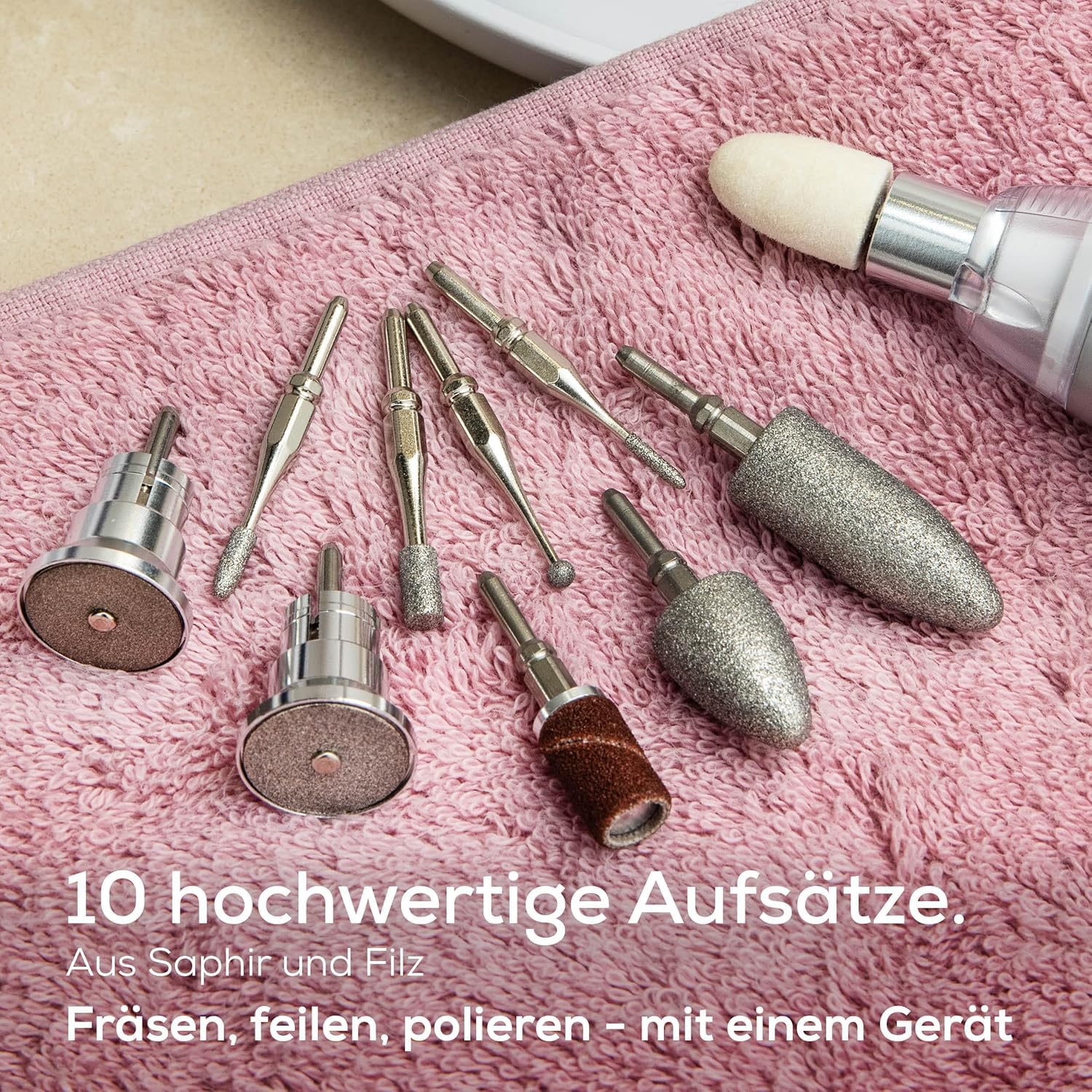 Beurer MP 62 Maniküre-/ Pediküre-Set, elektrische Nagelfeile mit 10 hochwertigen Nagelpflege-Aufsätzen, LED Licht, Nagelfräser mit stufenloser Geschwindigkeitsregelung, mit Aufbewahrungstasche, Weiß