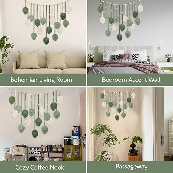 TourKing Macrame Leaf Wall Hanging, Boho Wall Art Decor with Wooden Beads, Green and Beige Woven Leaves for Living Room, Bedroom, Apartment