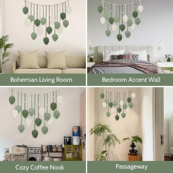 TourKing Macrame Leaf Wall Hanging, Boho Wall Art Decor with Wooden Beads, Green and Beige Woven Leaves for Living Room, Bedroom, Apartment