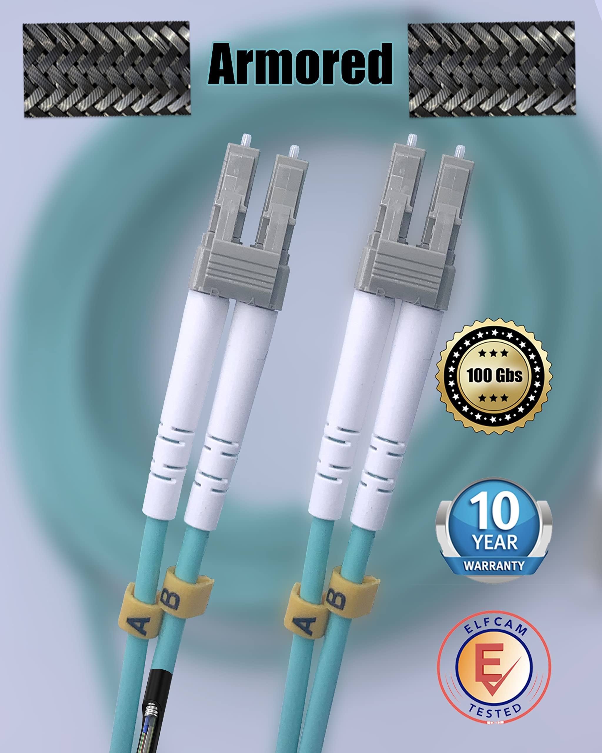 Elfcam® - 40m Gepanzerte Glasfaserkabel LC/UPC auf LC/UPC OM3 Multimode Duplex Glasfaserkabel (50/125um) LSZH, LWL-Kabel LC für den Innen- und Außenbereich, 40M