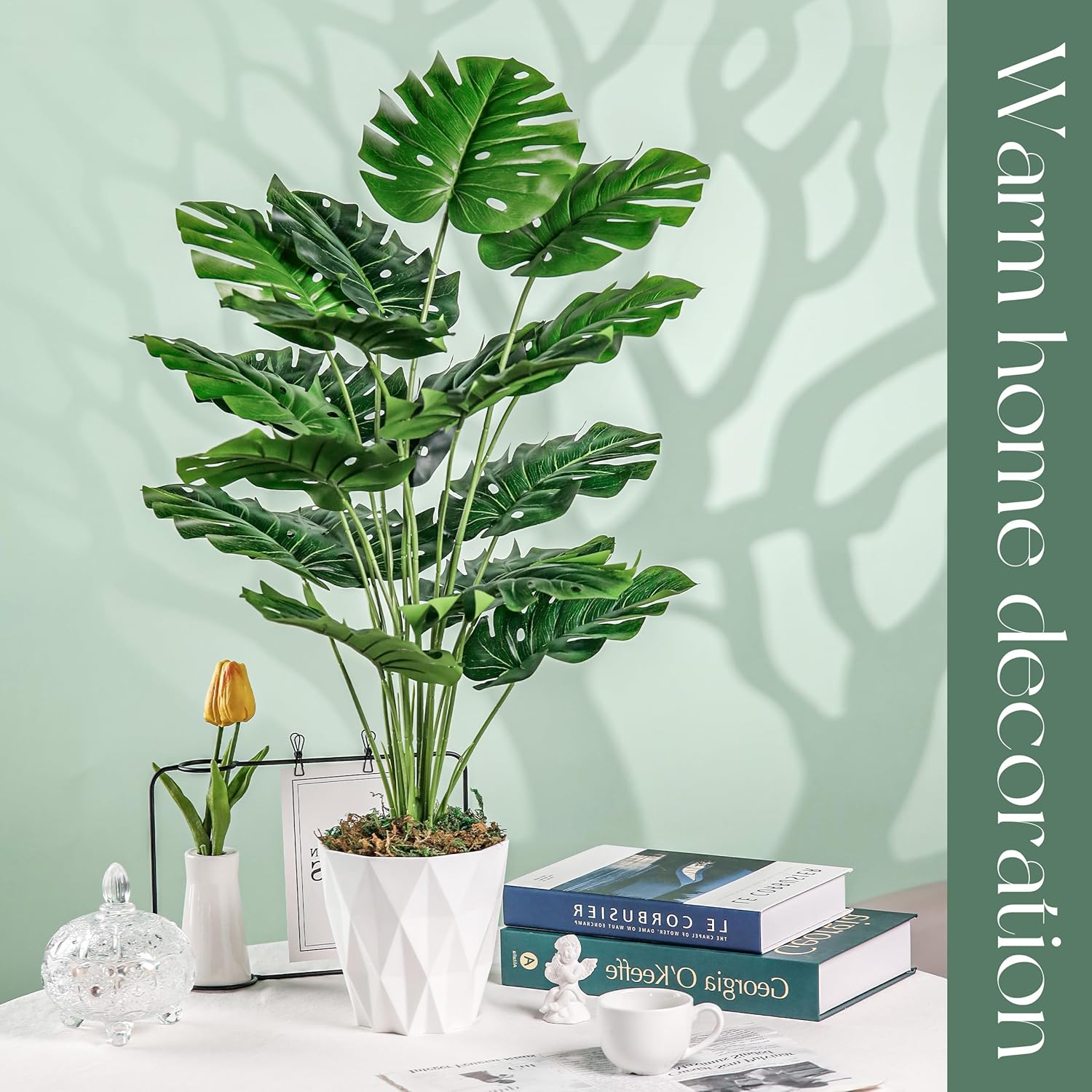 Toopify 28"" Fake Plants Large Artificial Monstera Faux Plants Indoor with White Pot for Home Office Living Room Decor, Green