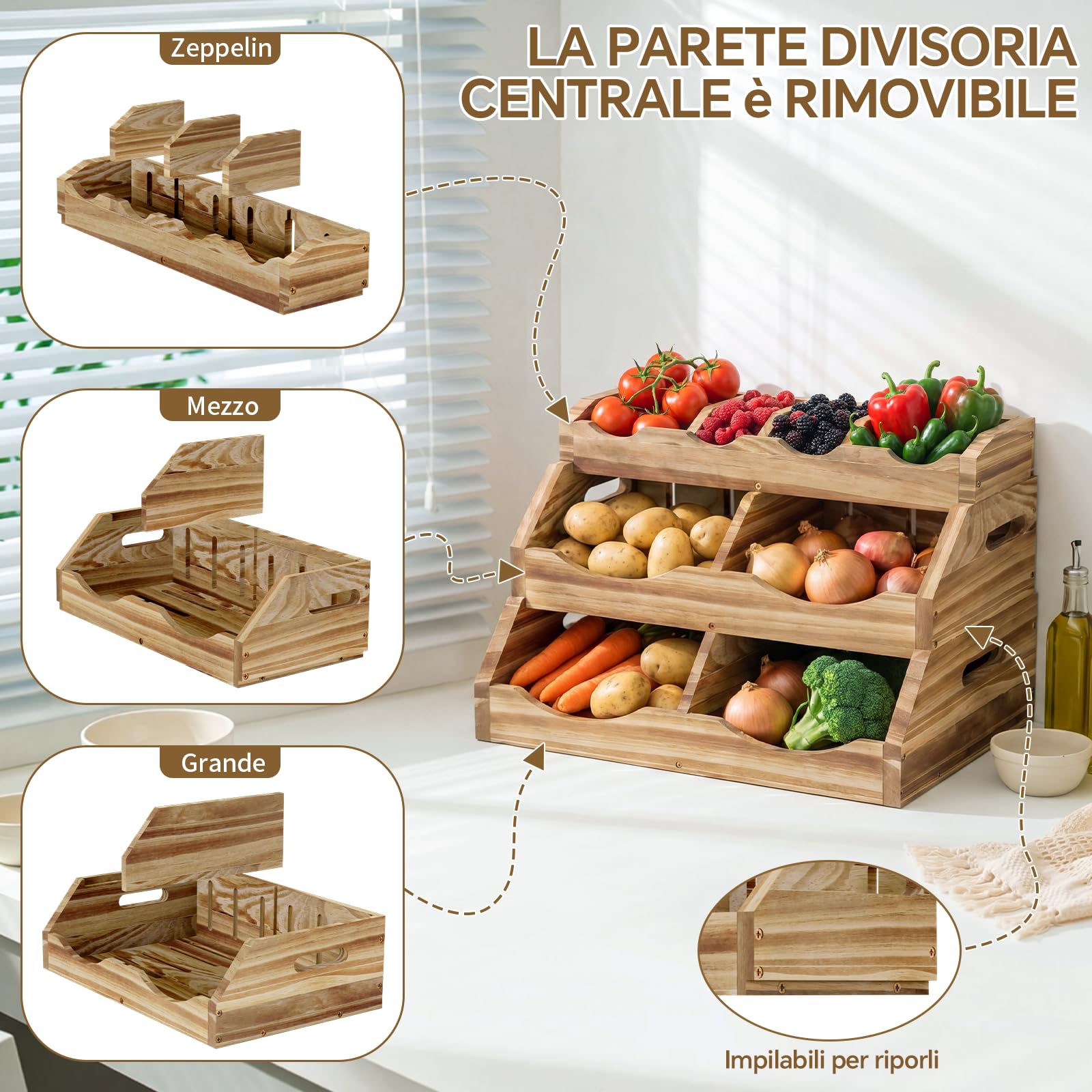Contenitore per patate e cipolle a 3 ripiani, per dispensa e piano di lavoro della cucina, contenitore per patate e cipolle, set organizzatore da cucina