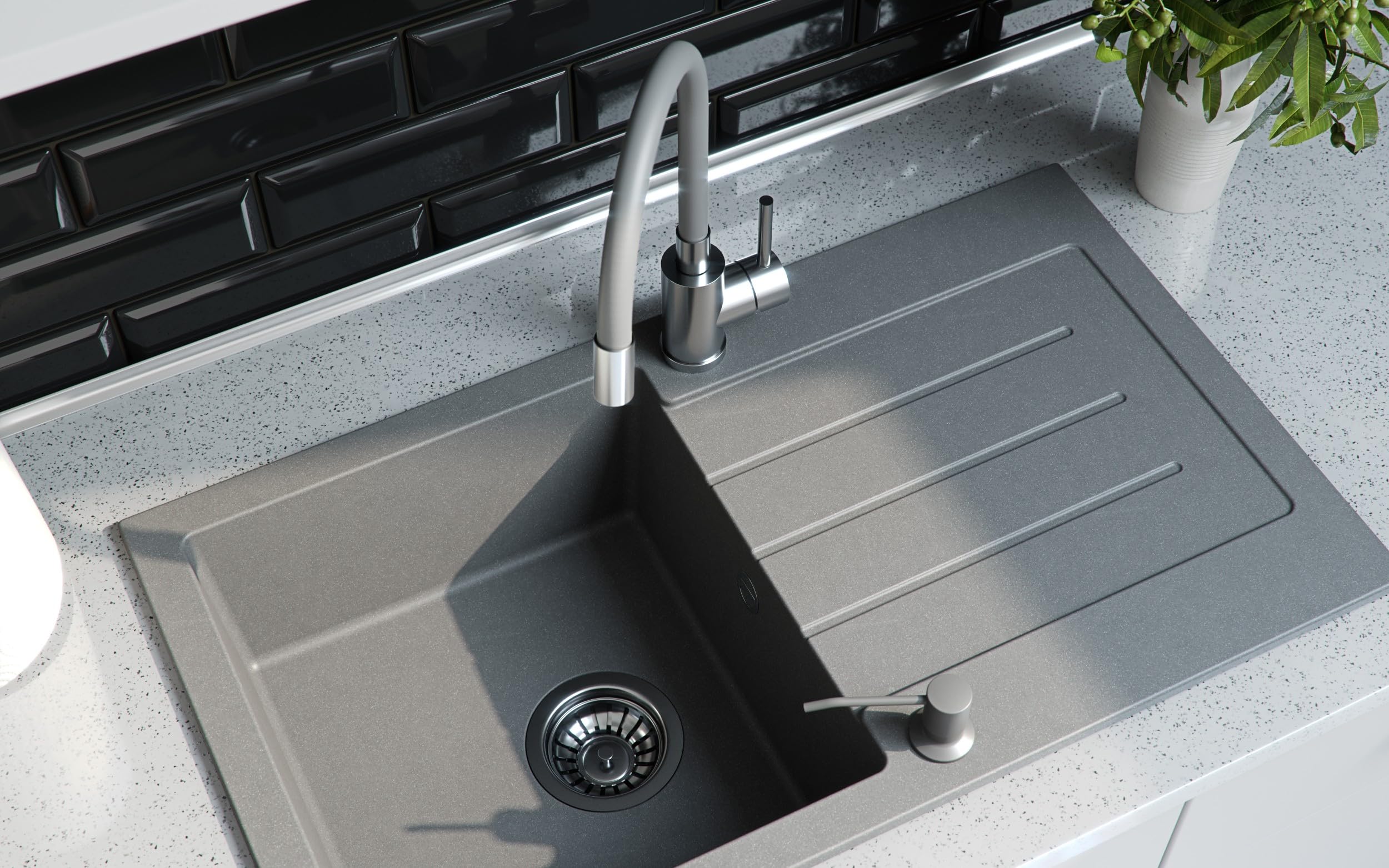 MyQ Fregadero de granito | tamaño: 77 x 44 x 18,5 cm, color: beige | PARIS 11 Fregadero de cocina Fregadero de una cubeta con escurridor y sifón manual | para armarios a partir de 50 cm
