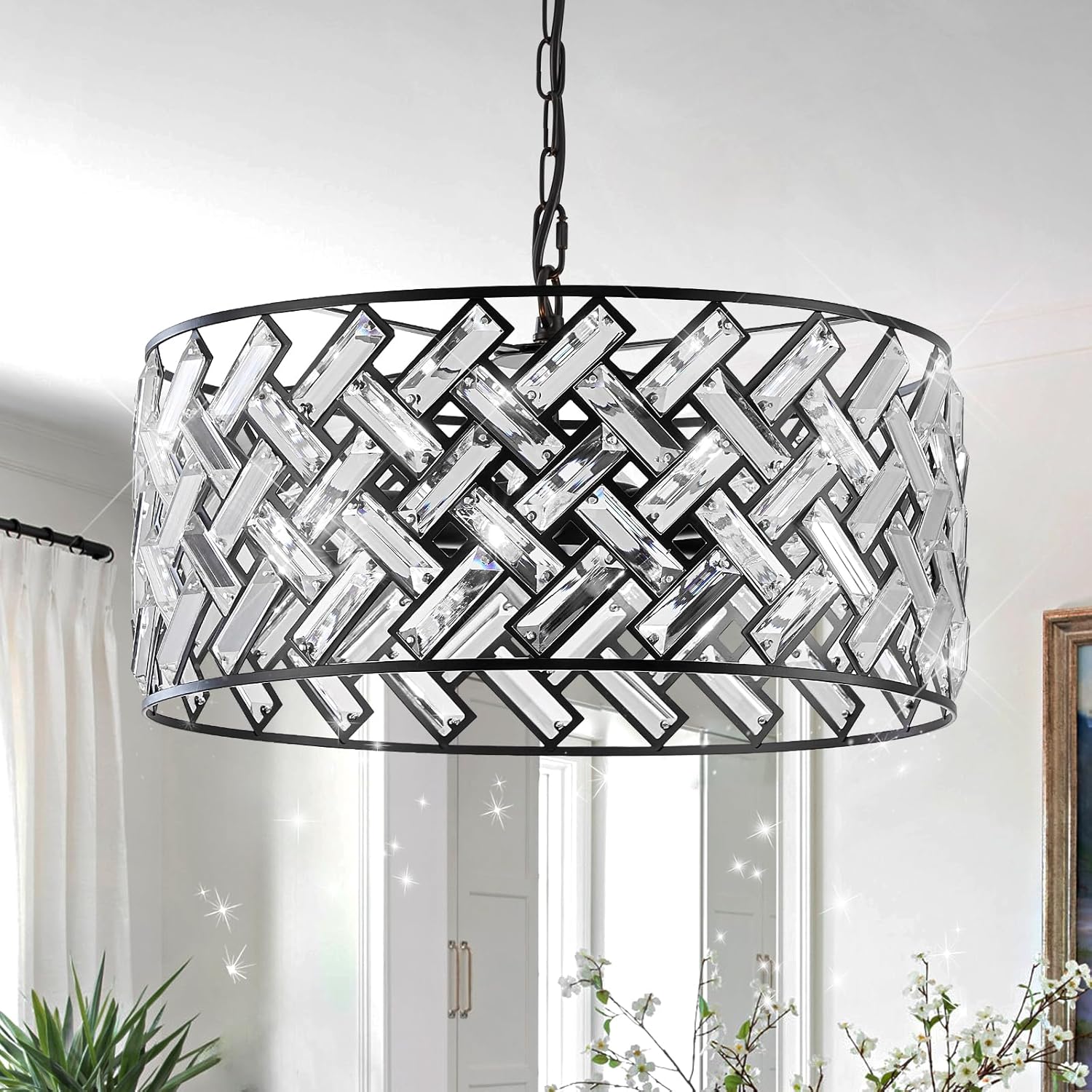 Crystal Ceiling Light Black Modern Chandelier 18" Pendant Light 6-Light Convertible Semi Flush Mount Lighting Drum Semi Flush Mount Hanging Drum Shade for Kitchen Island Dining Room Bedroom Hallway