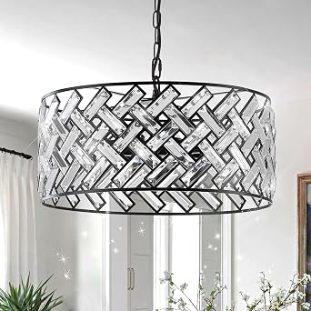 Crystal Ceiling Light Black Modern Chandelier 18" Pendant Light 6-Light Convertible Semi Flush Mount Lighting Drum Semi Flush Mount Hanging Drum Shade for Kitchen Island Dining Room Bedroom Hallway