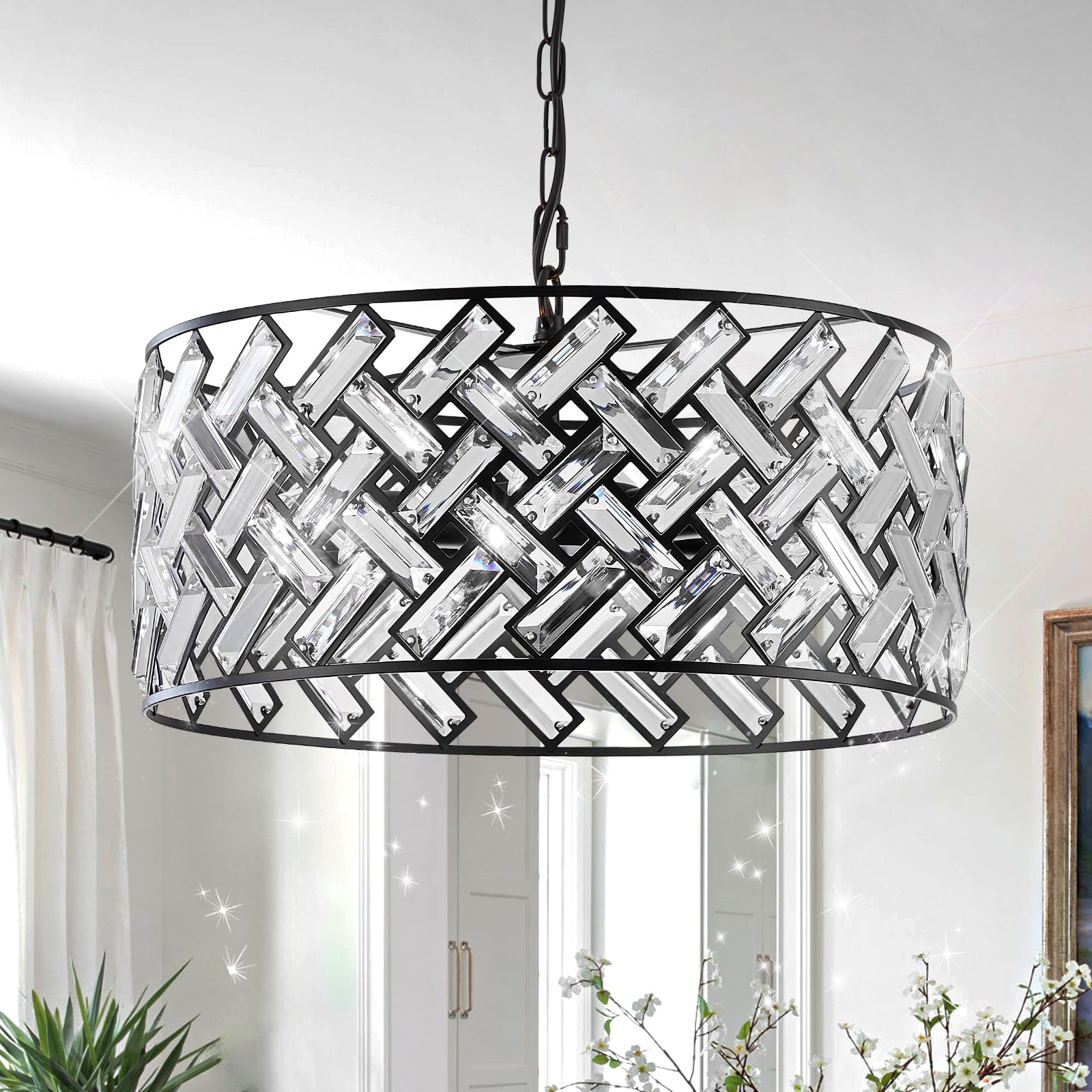 crystal ceiling light black modern chandelier 18" pendant light 6-light convertible semi flush mount lighting drum semi flush mount hanging drum shade for kitchen island dining room