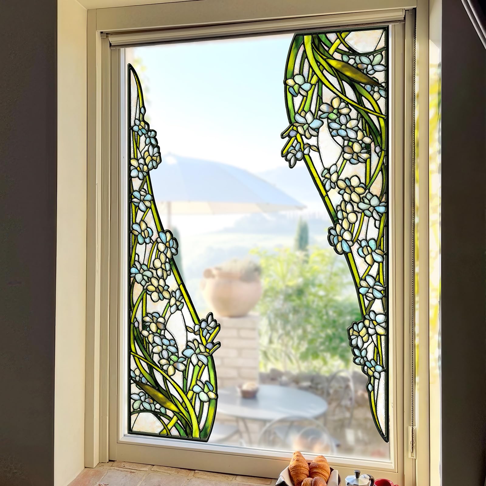 Window Stickers, ‌Stained Glass Window Privacy Film, UV Blocking Static Cling for Home Kitchen Office Bathroom, Cymbidium lianpan Tang et Wang, 17.72" X 39.37"