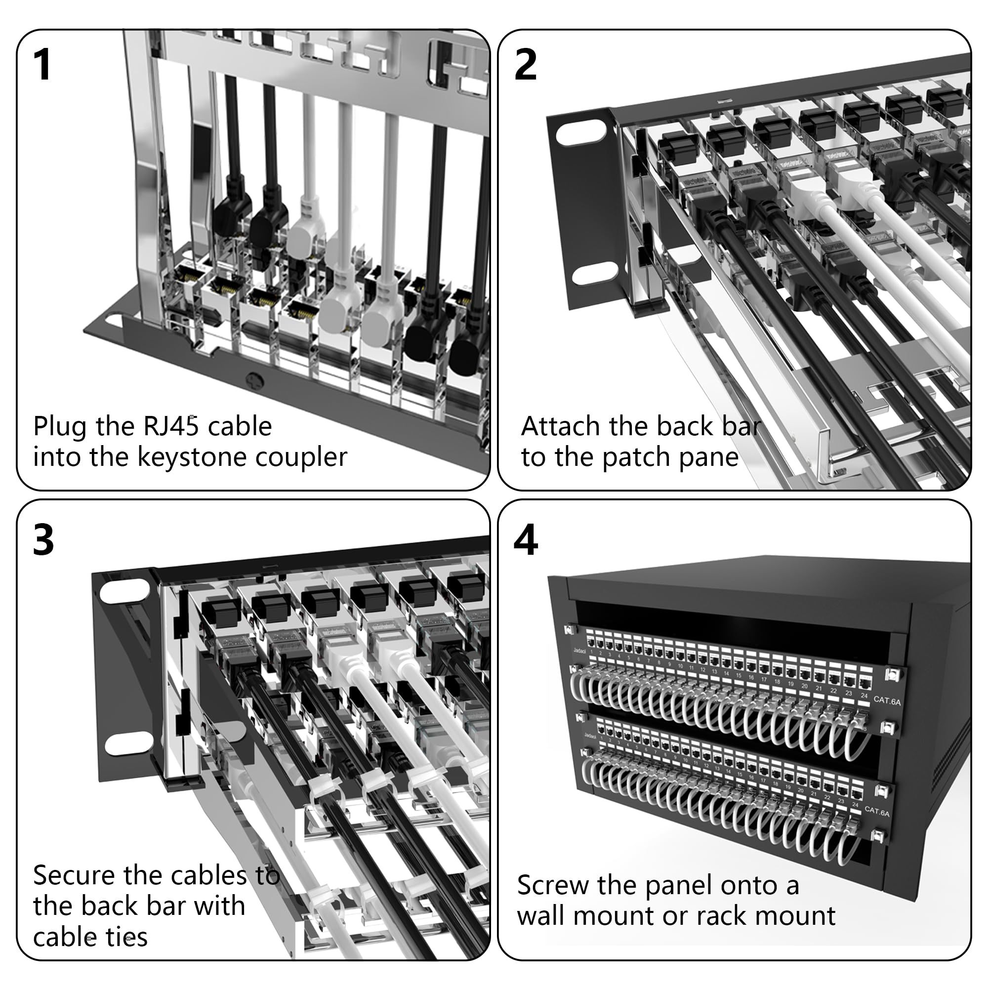 Jadaol Panneau de brassage blindé à 48 ports ou montage mural de 48,3 cm, panneau réseau 2U Cat6A préchargé avec 48 coupleurs Keystone plus 2 de rechange, panneau Ethernet 10 Gbit/s avec gestion des