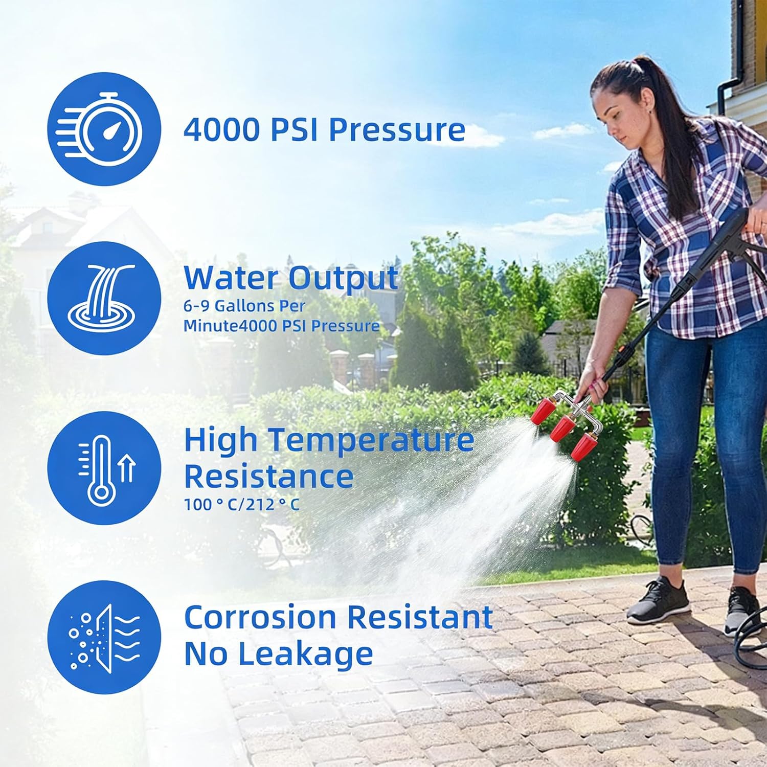 Triple Turbo Nozzle Pressure Washer, Triple Pressure Washer Nozzle, 360° Rotating 4000 PSI Turbo Nozzle with 1/4" Quick Connector 2.0 Orifice, 304 Stainless Steel for Driveway/Deck Clean(Red)