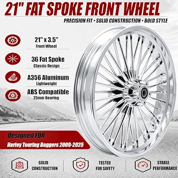 TOFR 21x3.5 Fat Spoke Chrome Front Wheel For Harley Touring Baggers 09-25