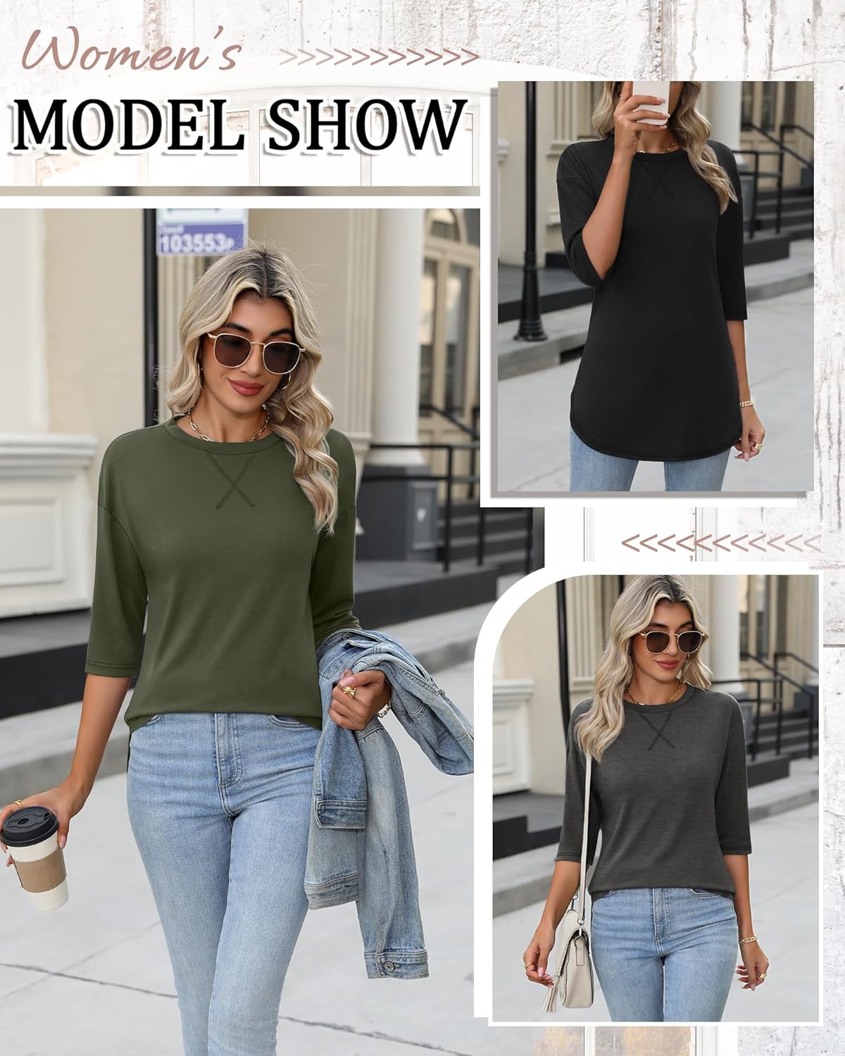 Riyiper 3 Pack Elbow Length Tee Shirts for Women 3/4 Sleeve Tunic Tops Round Neck Curved Hem Leggings Blouse - Image 6