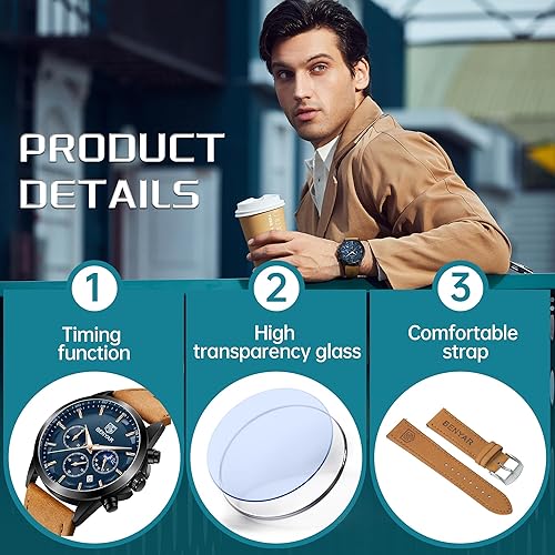 Miniatura 5 de BENYAR - Reloj analógico de cuarzo para hombre, cronógrafo, elegante, informal, con pulseras de acero inoxidable, impermeable, luminoso, fecha,