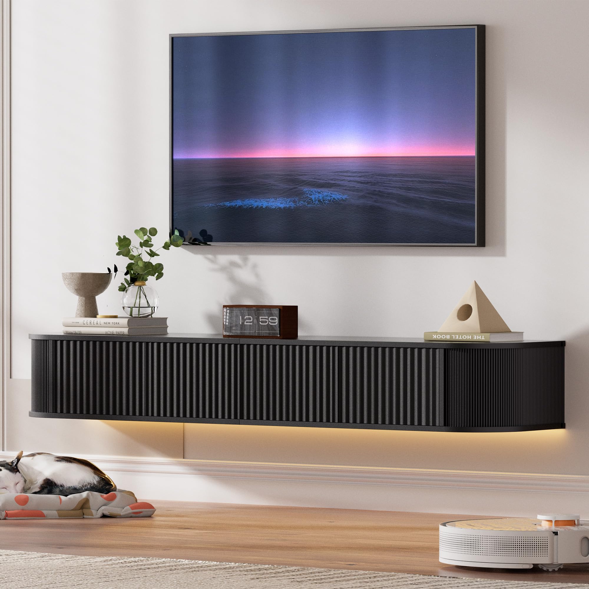 PURFINO Floating TV Stand Unit with RGB LED Light - 140CM Wall Mounted TV Cabinet with Upgraded Storage & Rounded Edges, Modern TV Media Console for 43-55 Inch TVs
