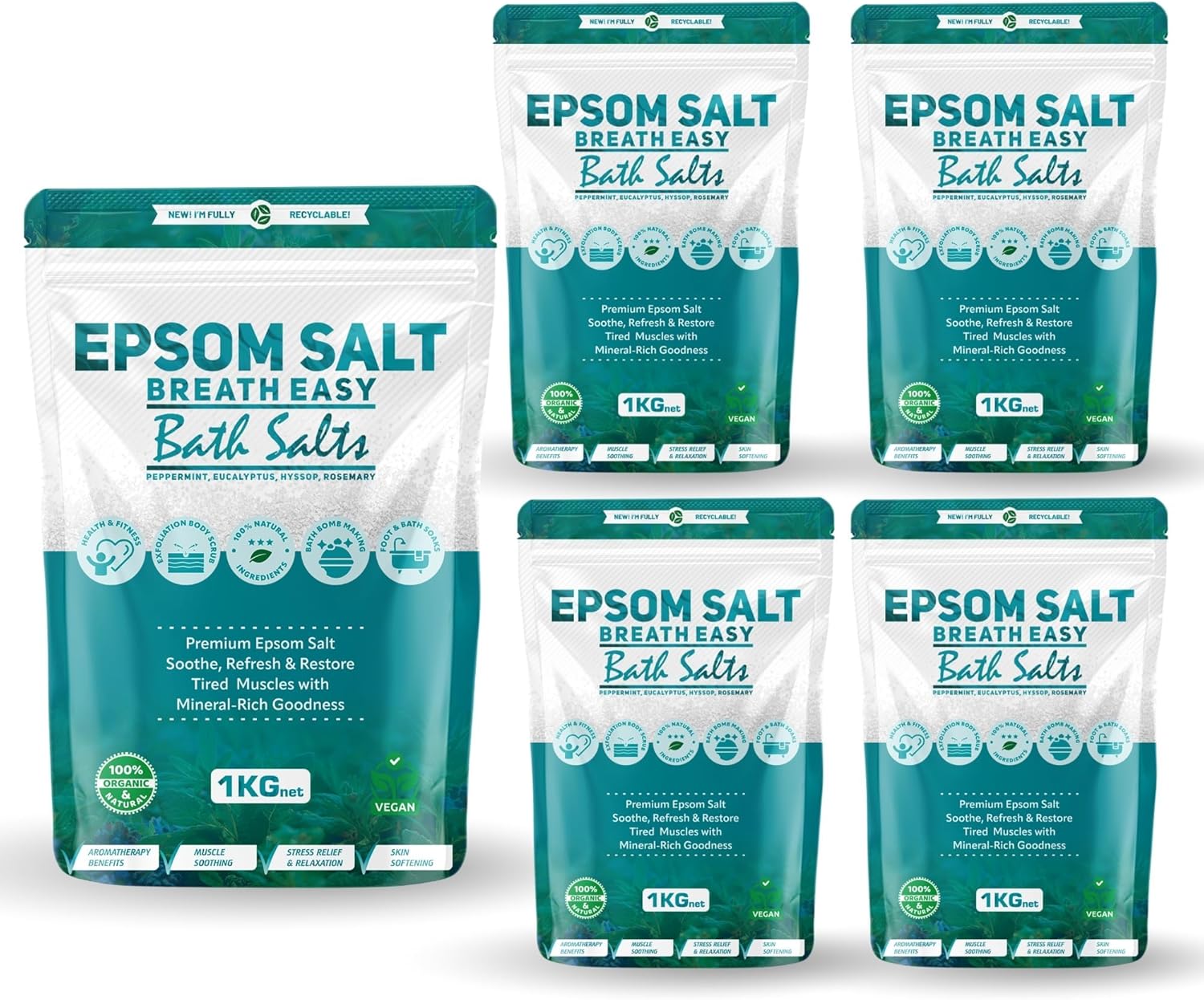 Epsom Bath Salts 1kg – Peppermint, Eucalyptus, Hyssop & Rosemary Scent | Natural Magnesium Sulphate | Calming Bath Soak for Deep Relaxation, Sleep Support & Muscle Recovery (Pack of 5)