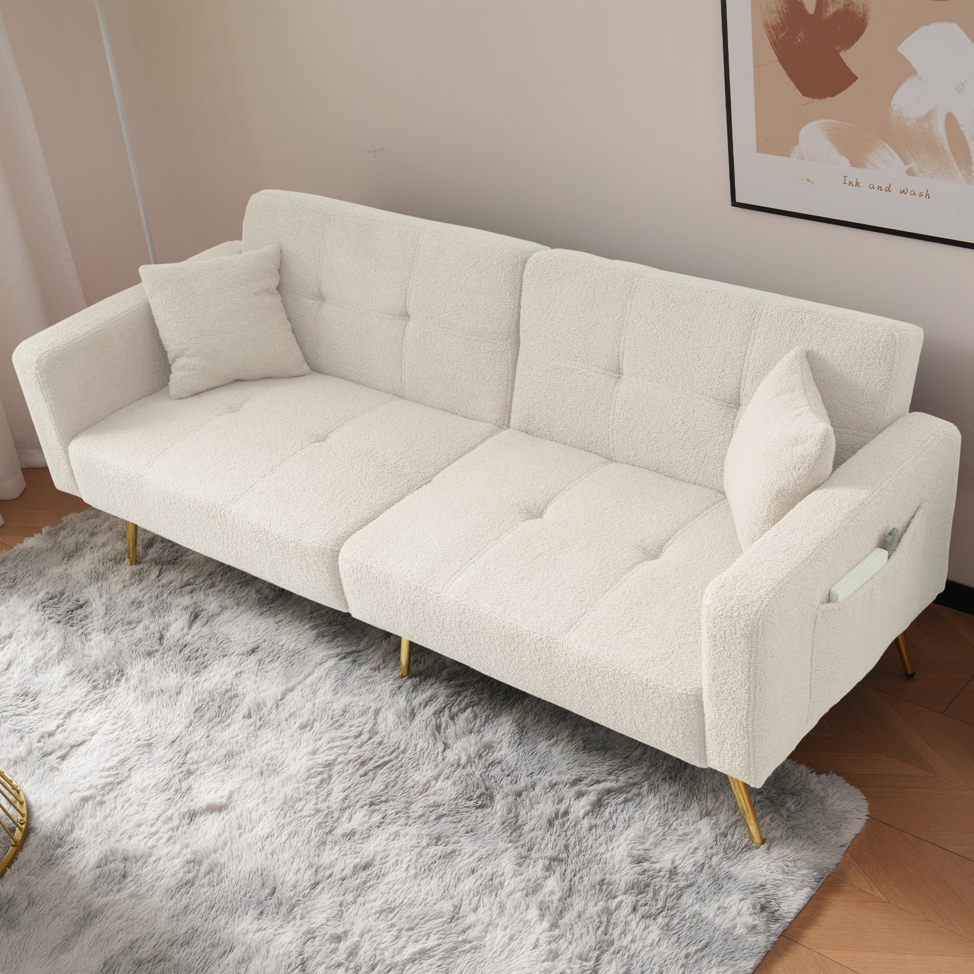 Divano letto con funzione letto, divano a 2 posti, angolo regolabile, gambe dorate, con cuscino e tasche laterali (bianco)