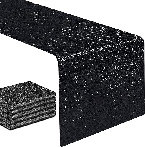 Miniatura 7 de yuboo Camino de mesa de lentejuelas negras, paquete de 6 manteles brillantes con purpurina de 12 x 72 pulgadas para decoración de fiesta de