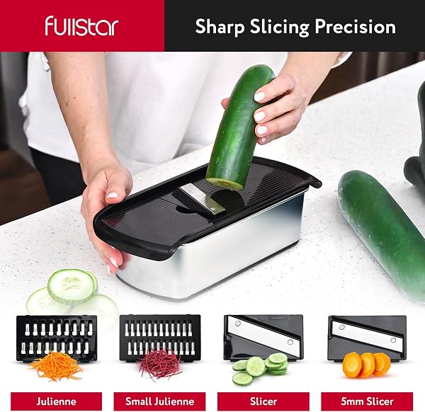 Fullstar Gemüseschneider und Mandoline Gemüsehobel - Julienne- und Würfelschneider für Gurken Zwiebeln Kartoffeln Früchte - Reibe für Gemüse Käse - Küchenzubehör Küchengeräte (14-in-1 PRO Edelstahl) - 4