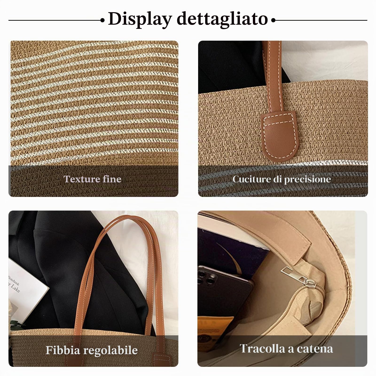 Borsa a Mano in Paglia da Donna Bohemien Borsa a Spalla Borse Tote Tessitura Borsa Spiaggia Intrecciata Borsa a Tracolla Retrò Busta Borsa Tote per Viaggi Data e Vacanz Argento