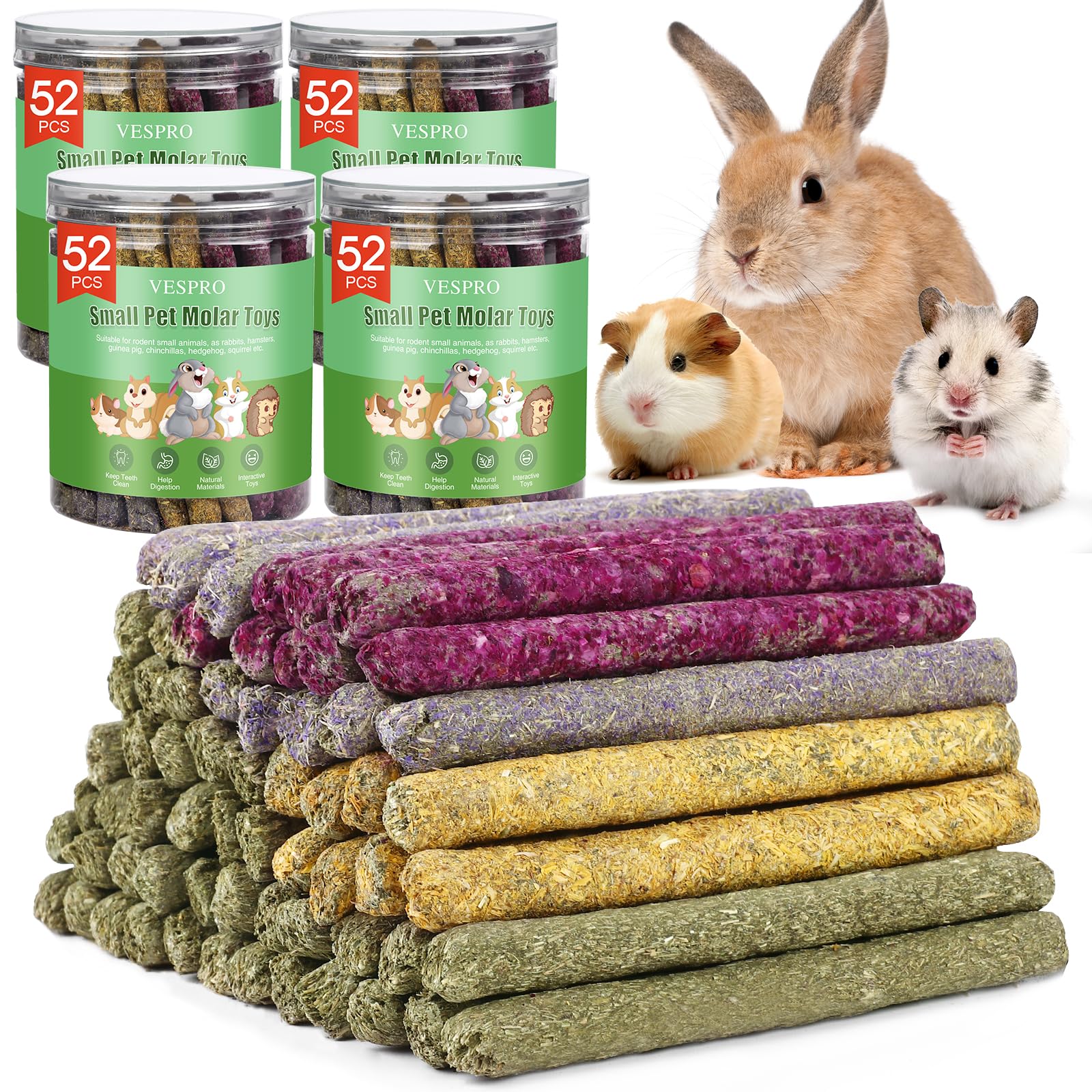 VESPRO Lot de 208 bâtonnets à mâcher pour lapin, cochon d'Inde, bâtonnets de dents molaires en herbe de Timothy naturelle, mélange de fleurs, roses, calendula et oubliez-moi pas, friandises pour