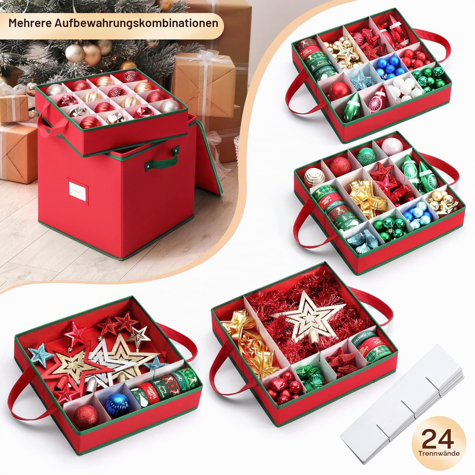 MaidMAX Aufbewahrungsbox für Weihnachtskugeln mit Verstellbaren Trennwänden, Aufbewahrungstasche Weihnachten mit 4 Ebenen, Abnehmbar mit Griffen, 64 Kugel-Aufbewahrungsbeutel, 32x32,5x33cm