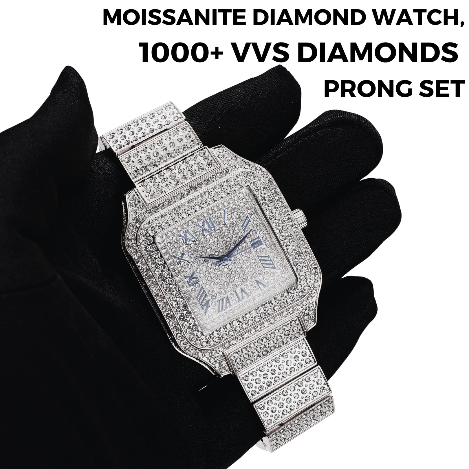 Halukakah Herrenuhr – Moissanit Diamant Iced Out – Luxus 18K Echtgold/Platin-Weißgold Plattiert, 40MM Eckiges Zifferblatt mit Römischen Zahlen, Massiv Gefertigt, 20,5cm Armband – Kommt mit Geschenkbox