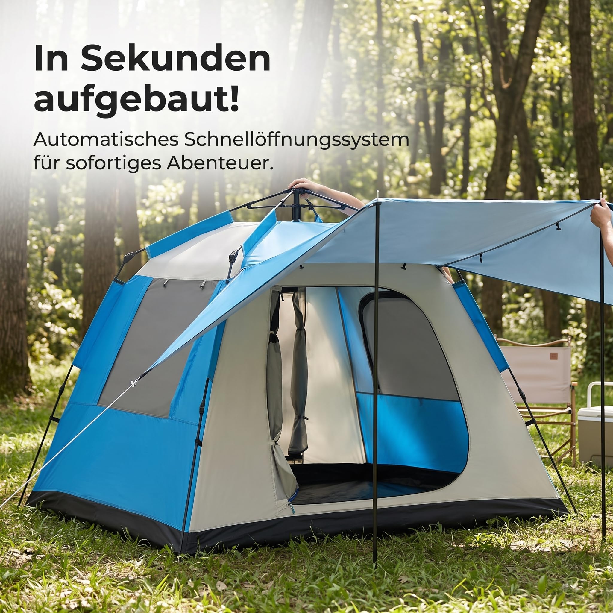 Zelt für 3-4 Personen – Wasserdichtes Familienzelt mit Automatischem Schnell, Gitter Blau vergrößerte Version, Schmetterlingsform, automatisch, große Version, Blau