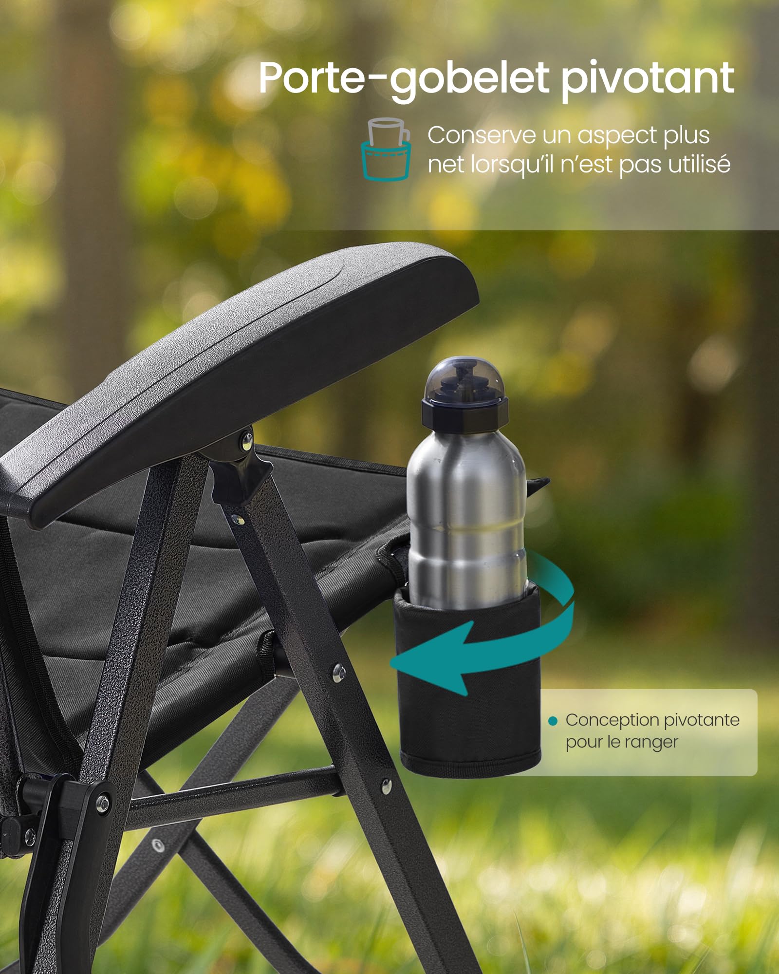 SONGMICS Chaise Pliante Camping, Dossier Inclinable 95°–150°, Fauteuil Camping, Dossier Haut Réglable, Porte‑Gobelet Pivotant, Sac de Transport avec Sangle, pour Jardin, Pêche, Noir GCB015BZ01