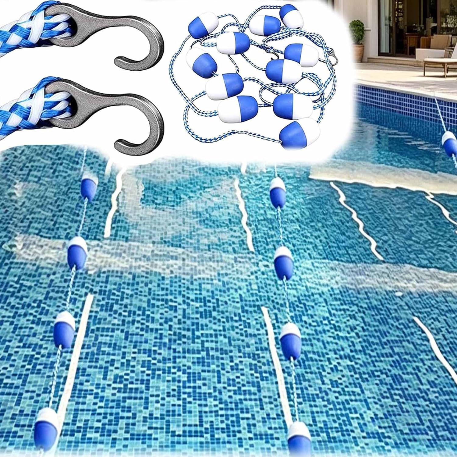 Floating Pool Divider Safety Rope – 5ft 10ft 15ft 20ft 24ft 25ft 30ft Adjustable Pool Line with Buoys, Pre-Assembled Lane Marker with Hooks, Easy Install Shallow Deep End Barrier for Pools 10ft