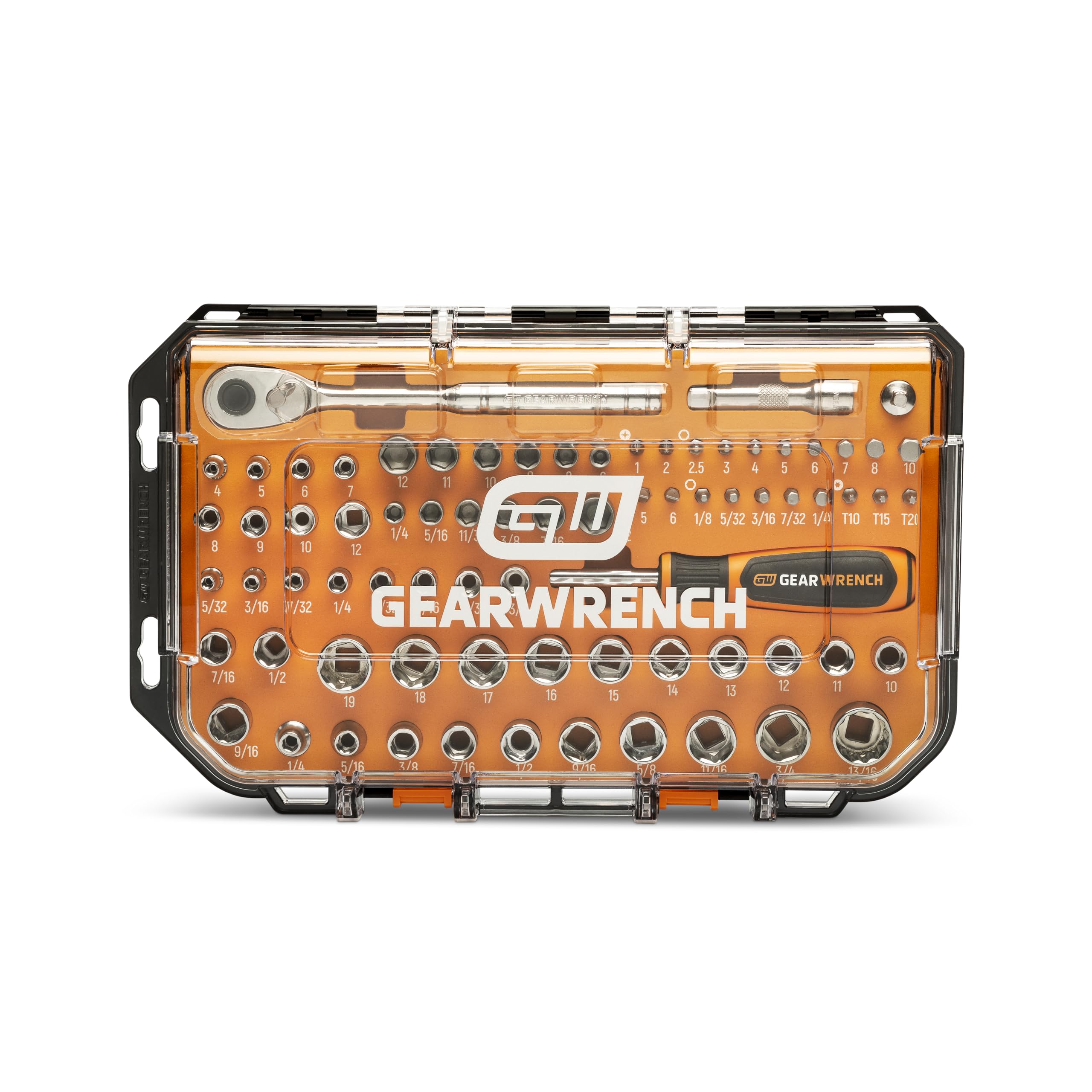 GEARWRENCH GW38CBMTS75 - Juego de herramientas manuales mecánicas de 72 dientes y 6 puntos SAE/MM de 75 piezas de 1/4 y 3/8 pulgadas