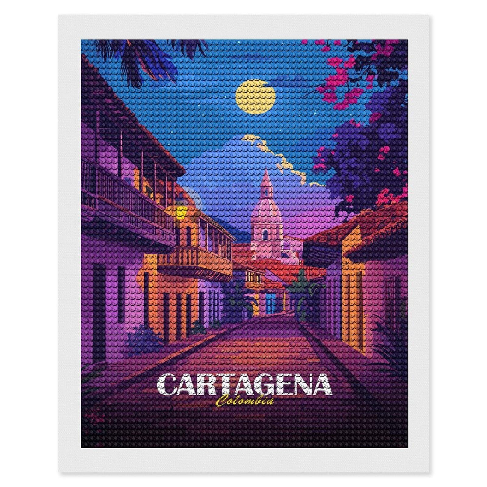 Junmoney Cartagena Colombia Street View Illustration Full Drill Diamond Painting Kit 16"x20", Mindful Craft Activity, Bedroom Decor, for Adults, Gift Idea