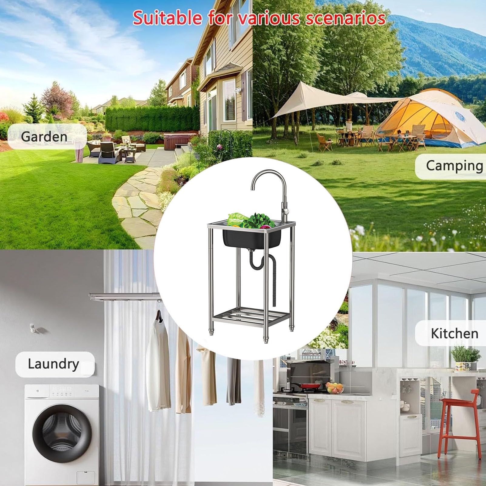 Evier inox Extérieur avec Robinet Chaud et Froid,Éviers De Cuisine Commercial 1 Bac Mobile Évier Sur Pieds Lavabo de Jardin Portable Multifonctionnel,pour Restaurant Garage