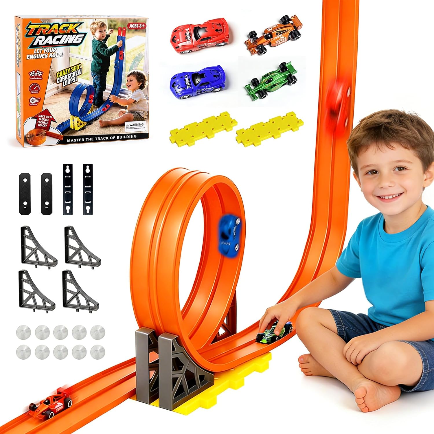 Flexible Race Track for Kids - 16.4 Ft Portable Rolls Up Circular Track with Bracket 4 Racing Cars Suction Cup, 3+ Years Car Ramp Kid Toy Compatible with Normal Diecast 1/64th Cars (Orange)