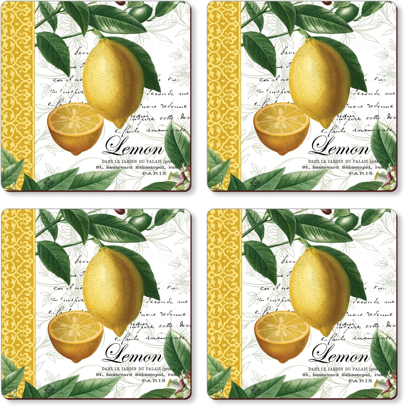 Cala Home Citron Decorative Hardboard Cork Backed Coasters 4 Pack Layered Construction Heat Tolerant Easily Wipes Clean