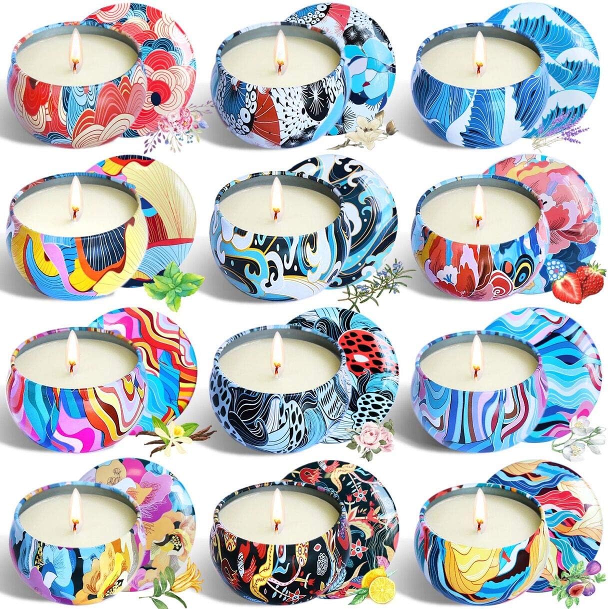YYCH Gift Package Scented Candles Lemon, Fig, Lavender, Spring Fresh,Rose ,Jasmine,Vanilla,Bergamot,Strawberry, Peppermint, Rosemary, Gardenia Natural Soy Wax Portable Travel Tin Candle,Set of 12