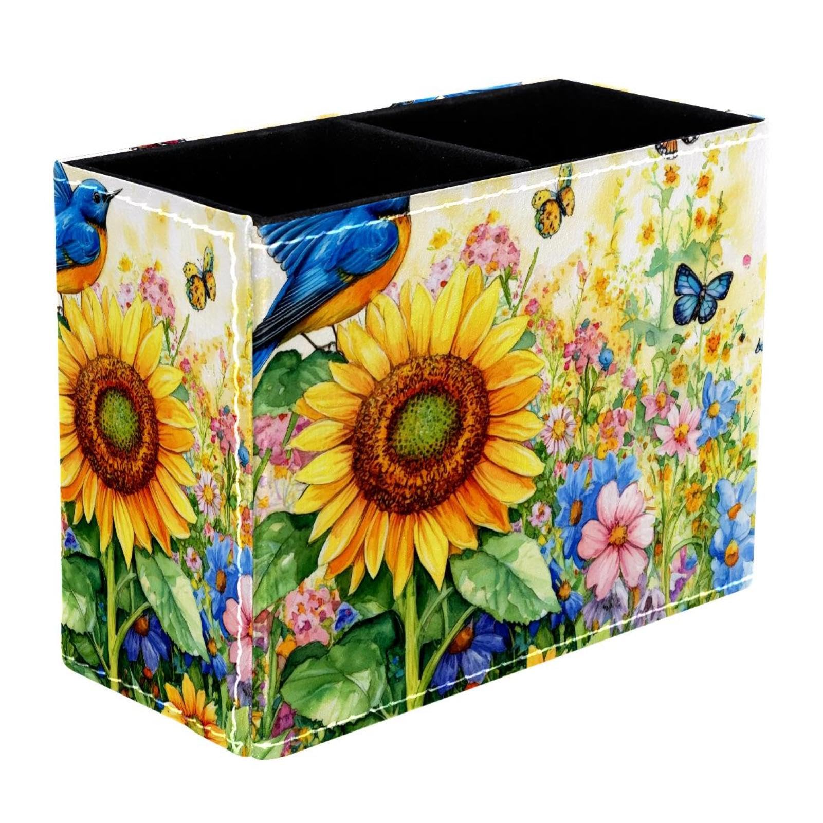 KikandKo Pencil Holder for Desk, Sunflower Bird Butterfly Pen Holder Storage Desktop Pen Organizer Desk Pencil Organizer Makeup Brush Holder for
