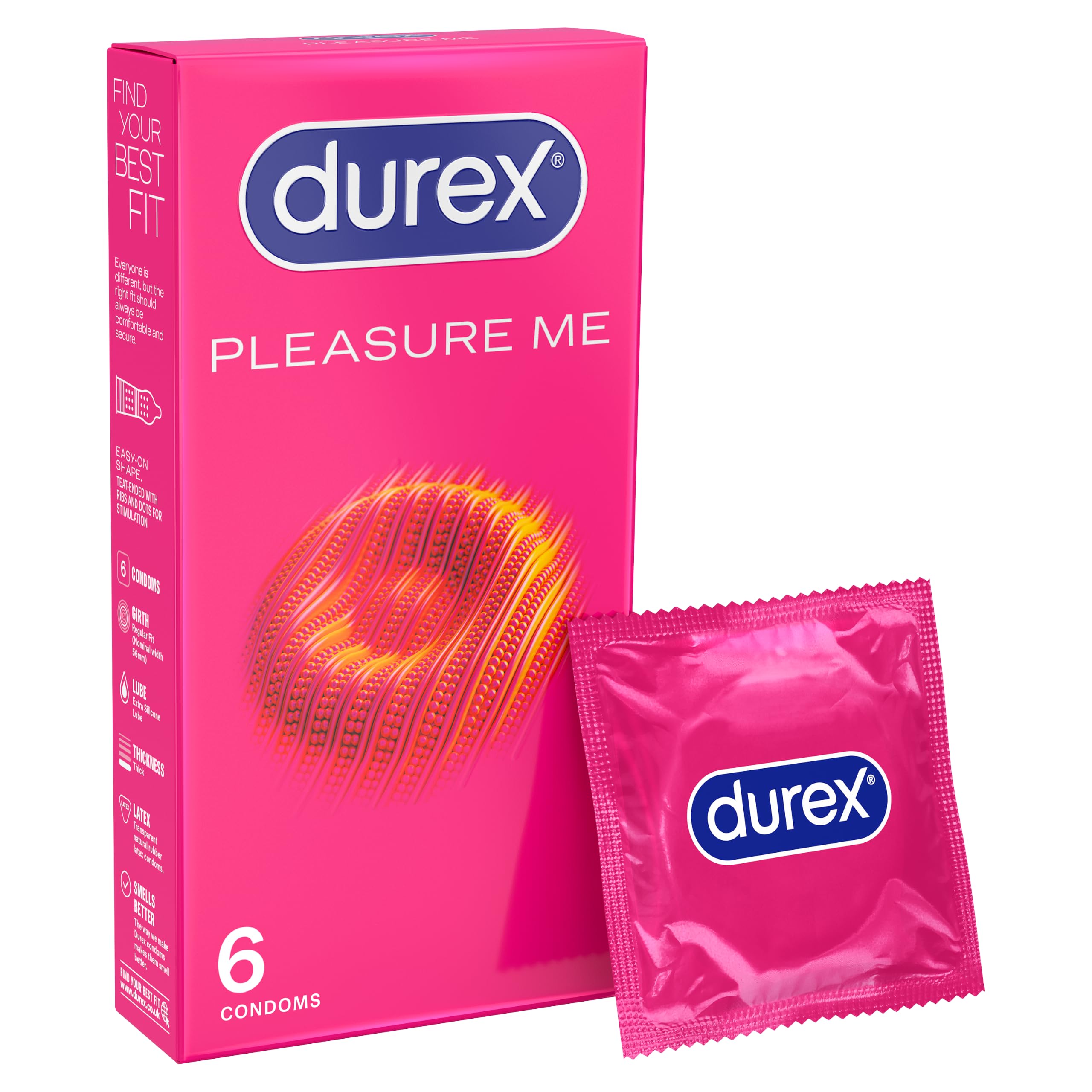 Durex Pleasure Me, 6 Condoms, Ribbed & Dotted, Regular Fit, Pre Lubricated