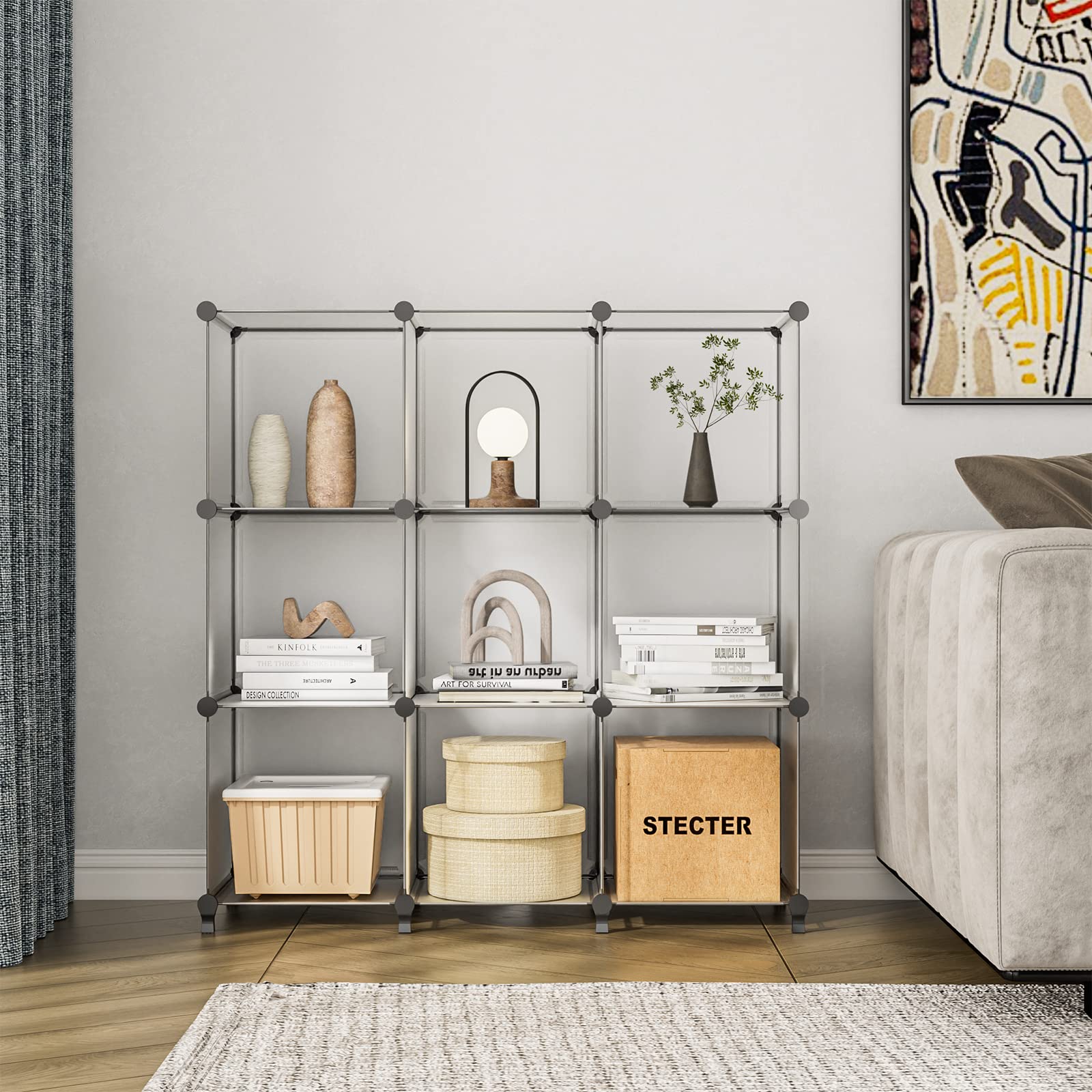 GIMTRR 9 Cubby Bookcase, Cube Plastic Storage Organizer, Semitransparent Stackable Modular, Cubbies Clothes Shelves, Kids Bookshelf, Closet Organization Shelf for Bedroom, Office, Bathroom