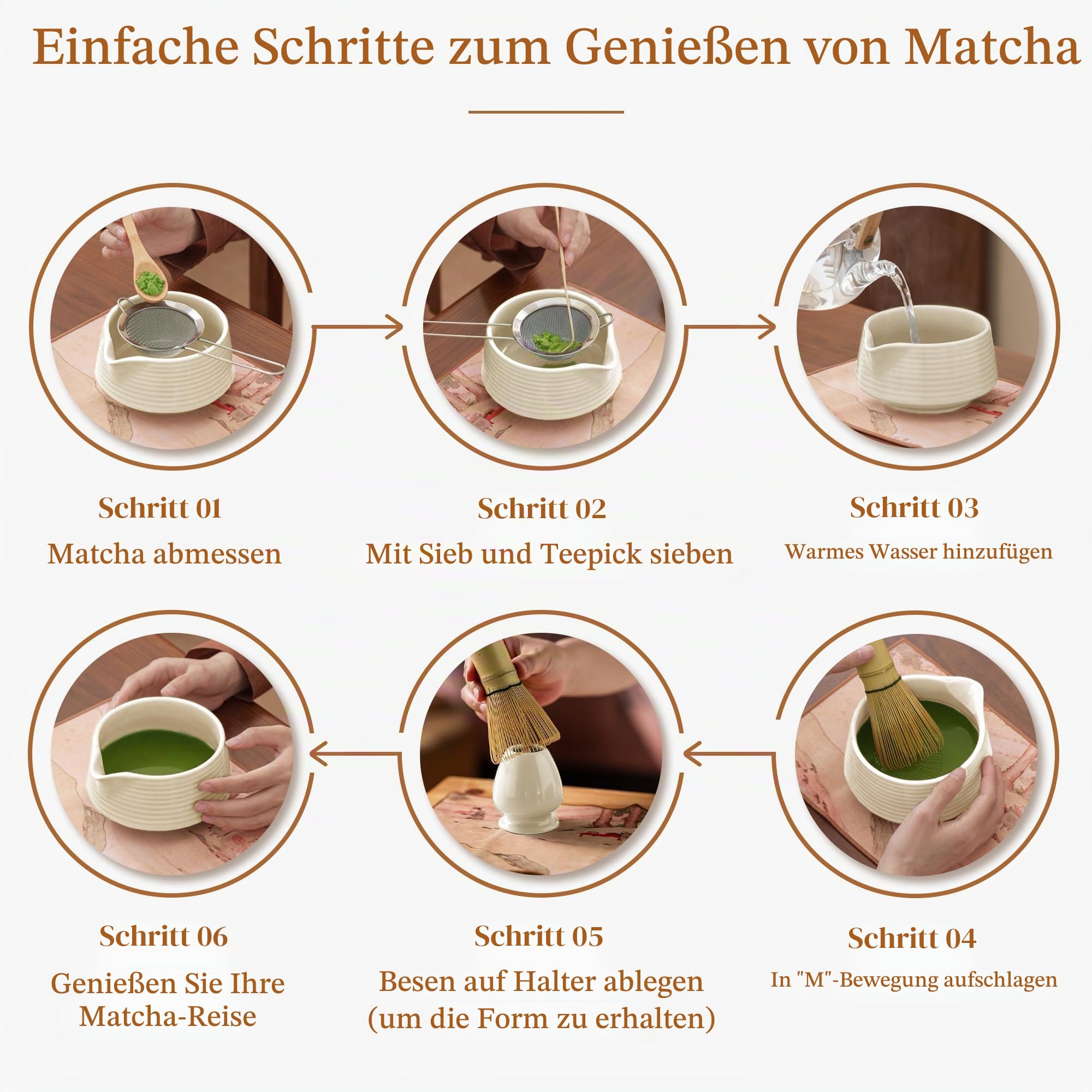 Matcha Set Beige 8-teilig Mit Matcha Schale Mit Ausgießer (Chawan)