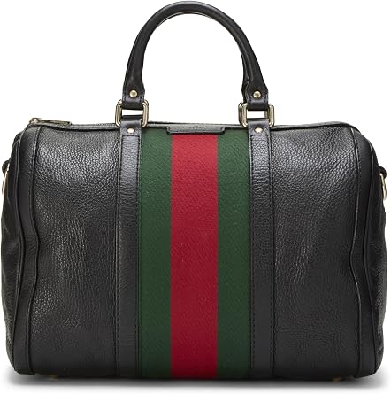 Pre-loved Black Leather Web Boston Bag Medium, Black