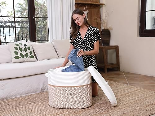 Miniatura 6 de Cesta de almacenamiento rectangular extragrande de 22 x 14 x 18 pulgadas con tapa, cesta de almacenamiento grande de cuerda de algodón, cesta de